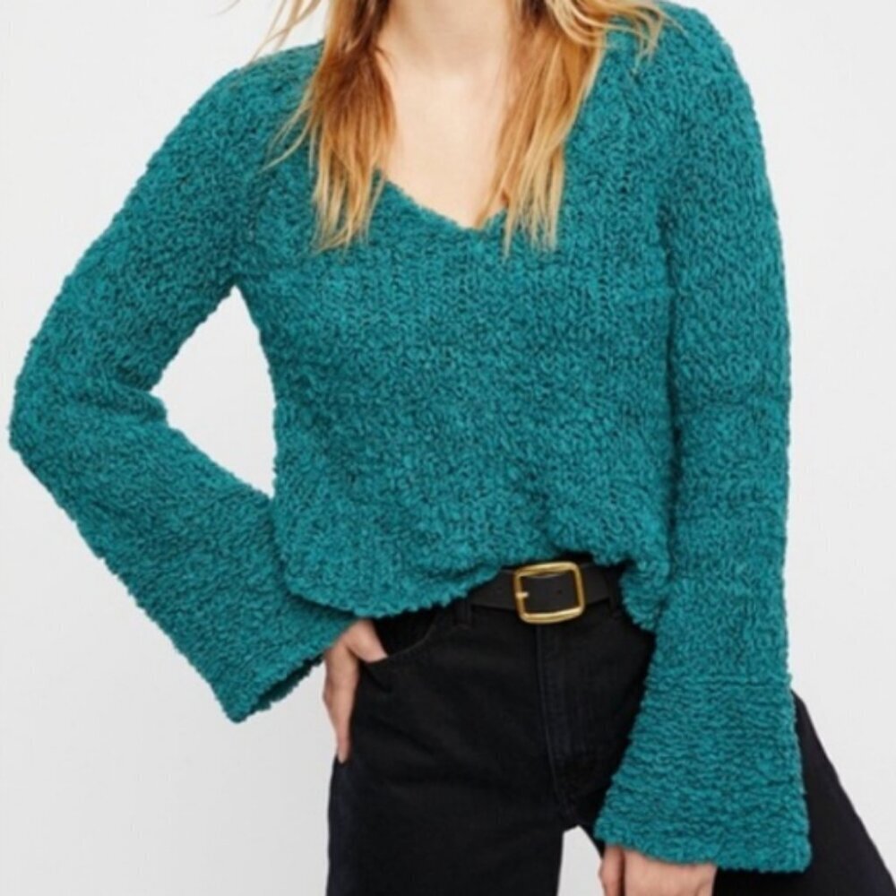 NWOT Free People Sand Dune Teal Green Oversized Cropped Knit Cozy Sweater Small